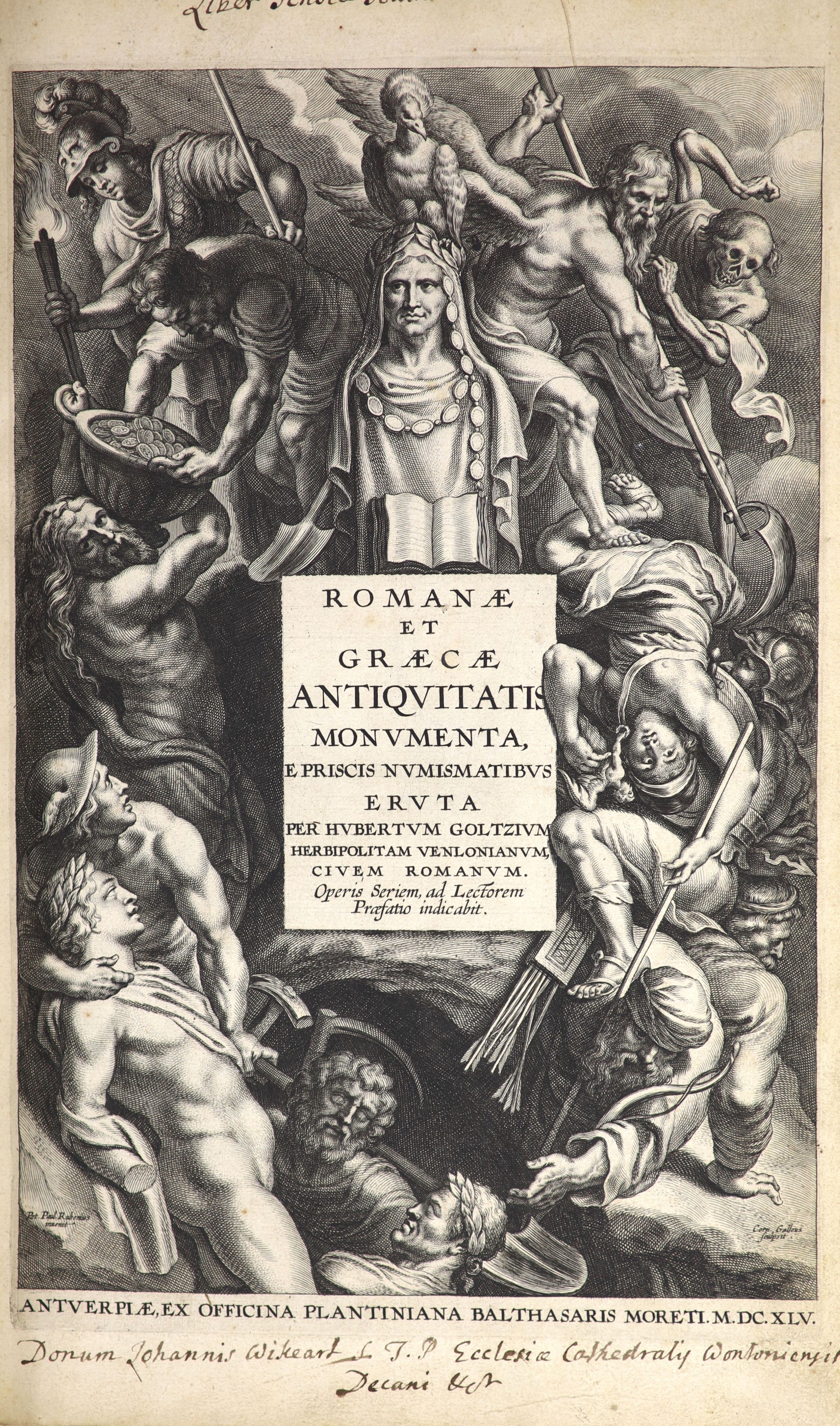 Goltzius, Hubert - Romanae et Graecae Antiquitatis Monumenta, e Priscis Numismatibus Eruta ... pictorial engraved title (by Rubens), pictorial engraved supplementary title